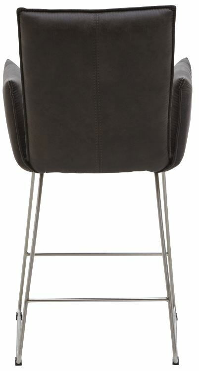 Rückansicht eines Tresensessels der Serie SCALA von Valnatura mit dunklem Polster und Metallbeinen.