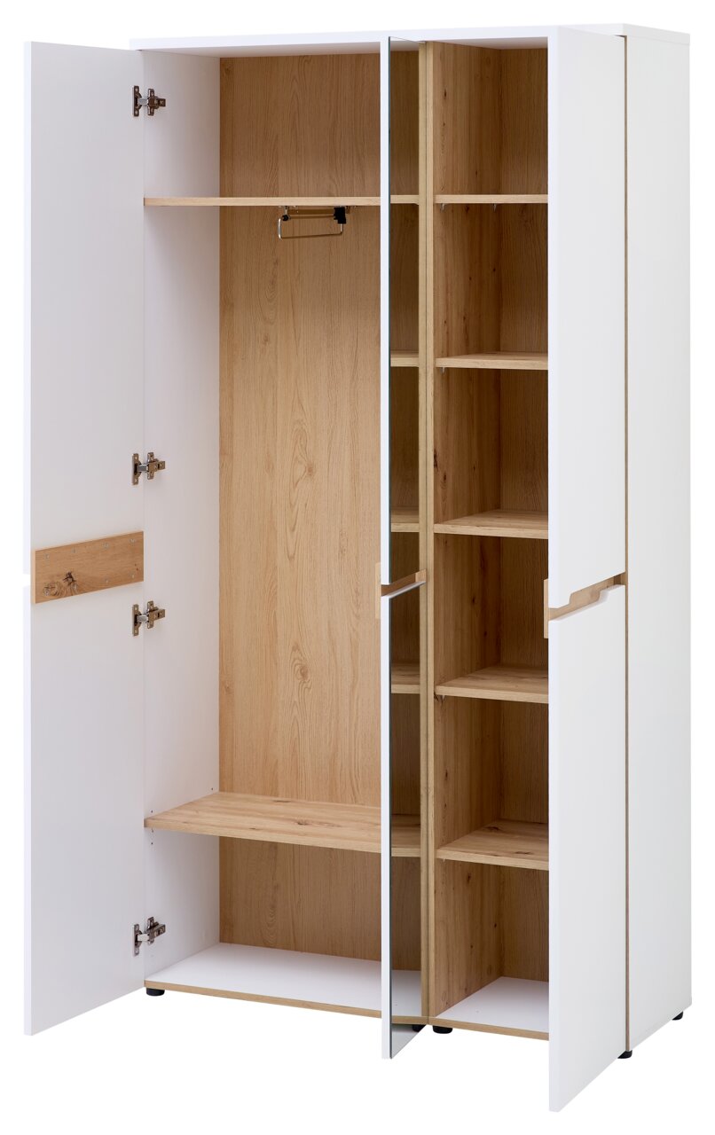 Offener XL-Garderobenschrank mit weißer Außenseite und Holzimitation im Inneren, gezeigt aus einer frontalen Perspektive.