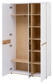 Offener XL-Garderobenschrank mit weißer Außenseite und Holzimitation im Inneren, gezeigt aus einer frontalen Perspektive.