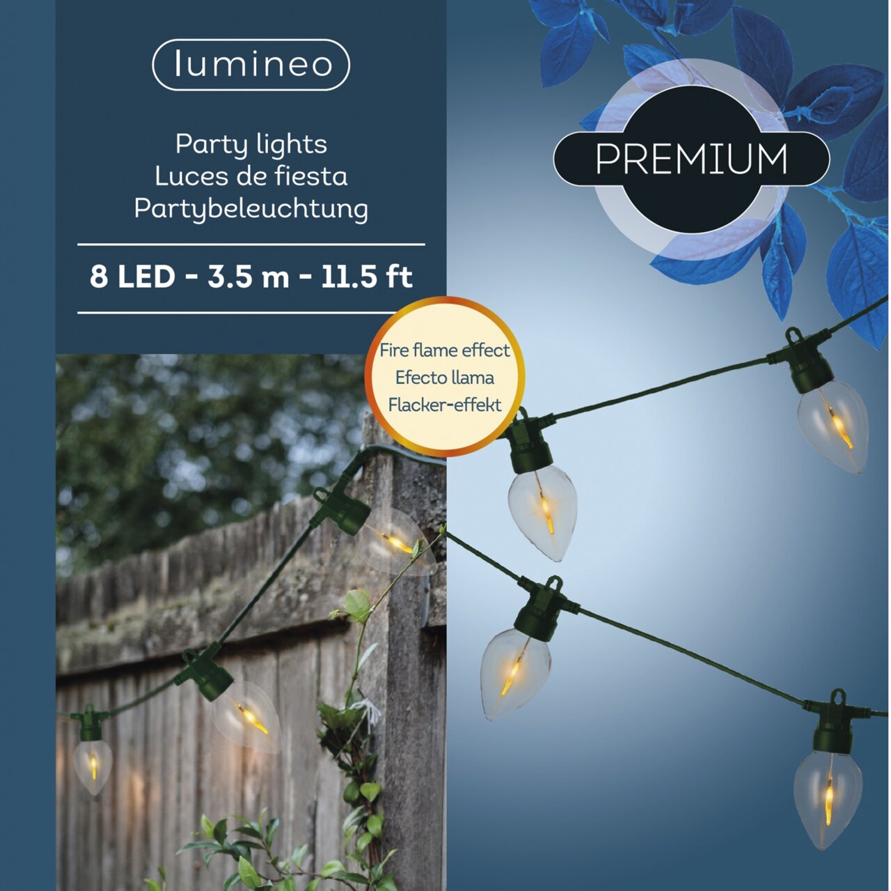 LED Partybeleuchtung mit 8 Lichtern, 3,5 m - 11,5 ft Länge, Flacker-Effekt, Perspektive von schräg unten