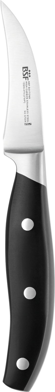 Schrägansicht eines Schälmessers mit schwarzem Griff und silberner Klinge.