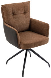 Brauner Sessel mit gepolsterter Rückenlehne und Armlehnen, auf schwarzem Metallgestell, seitliche Perspektive