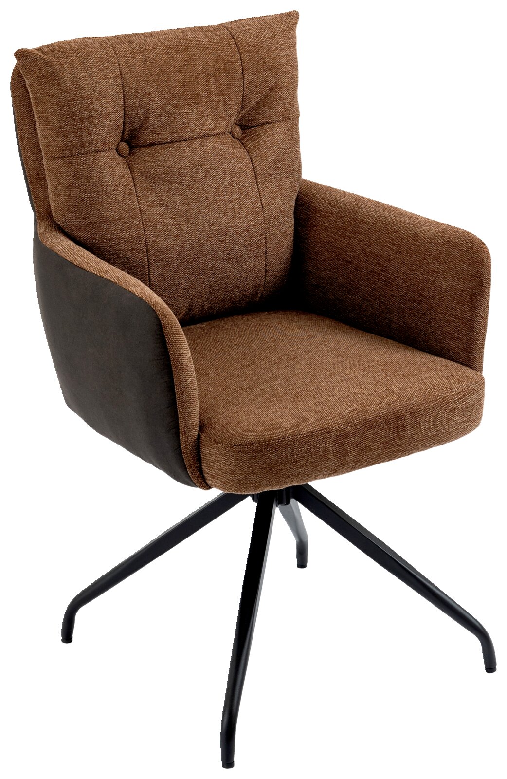 Bruine fauteuil met gestoffeerde rugleuning en armleuningen, op een zwart metalen onderstel, zijaanzicht