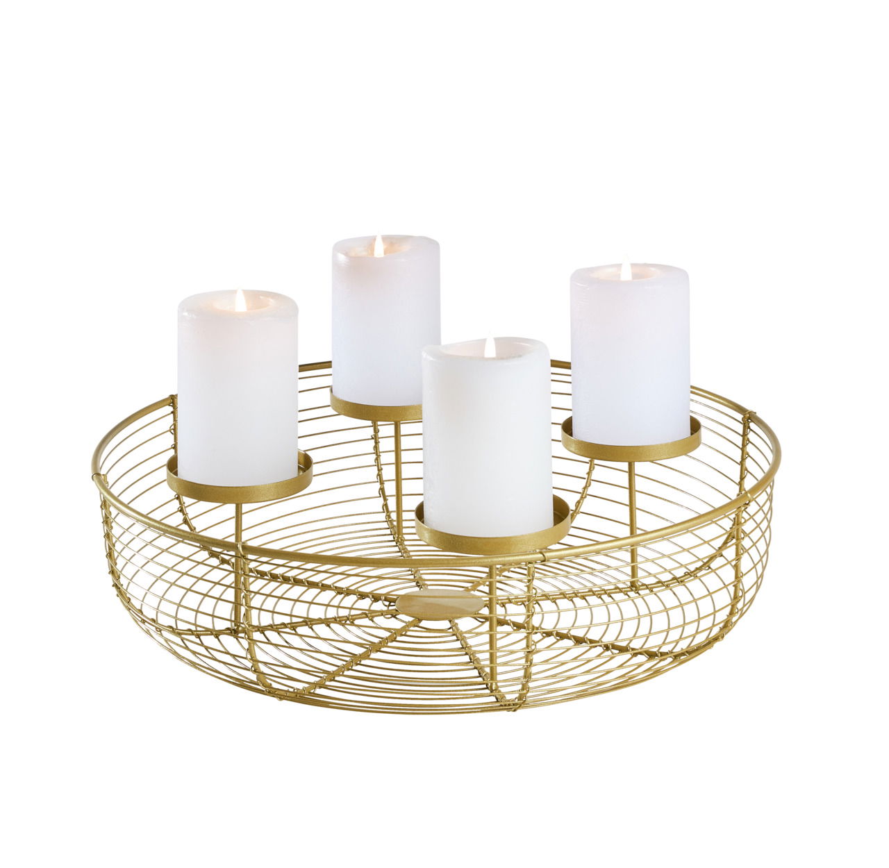 Goldener Kerzenhalter mit vier weißen Kerzen, seitliche Perspektive