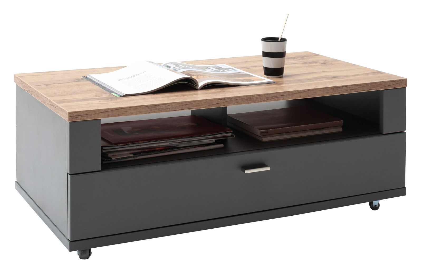 Moderner Couchtisch mit Holzplatte und Stauraum, seitliche Perspektive