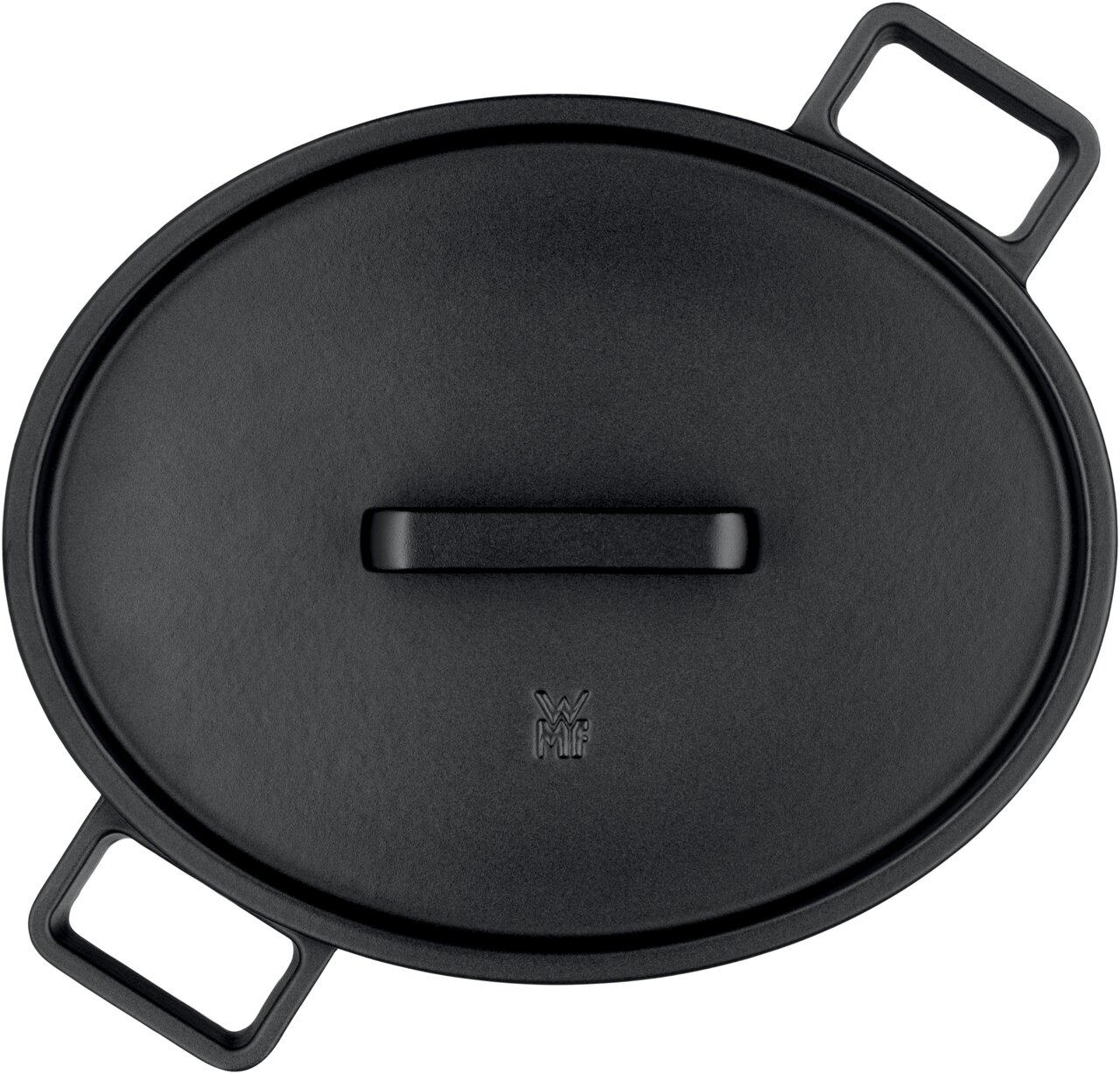 Ovale schwarze Bratpfanne mit Deckel und zwei Griffen, Draufsicht