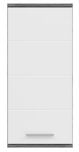 Frontansicht eines weißen Badschranks mit grauen Akzenten und einem silbernen Griff.