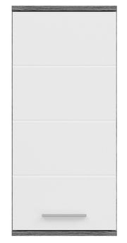 Frontansicht eines weißen Badschranks mit grauen Akzenten und einem silbernen Griff.