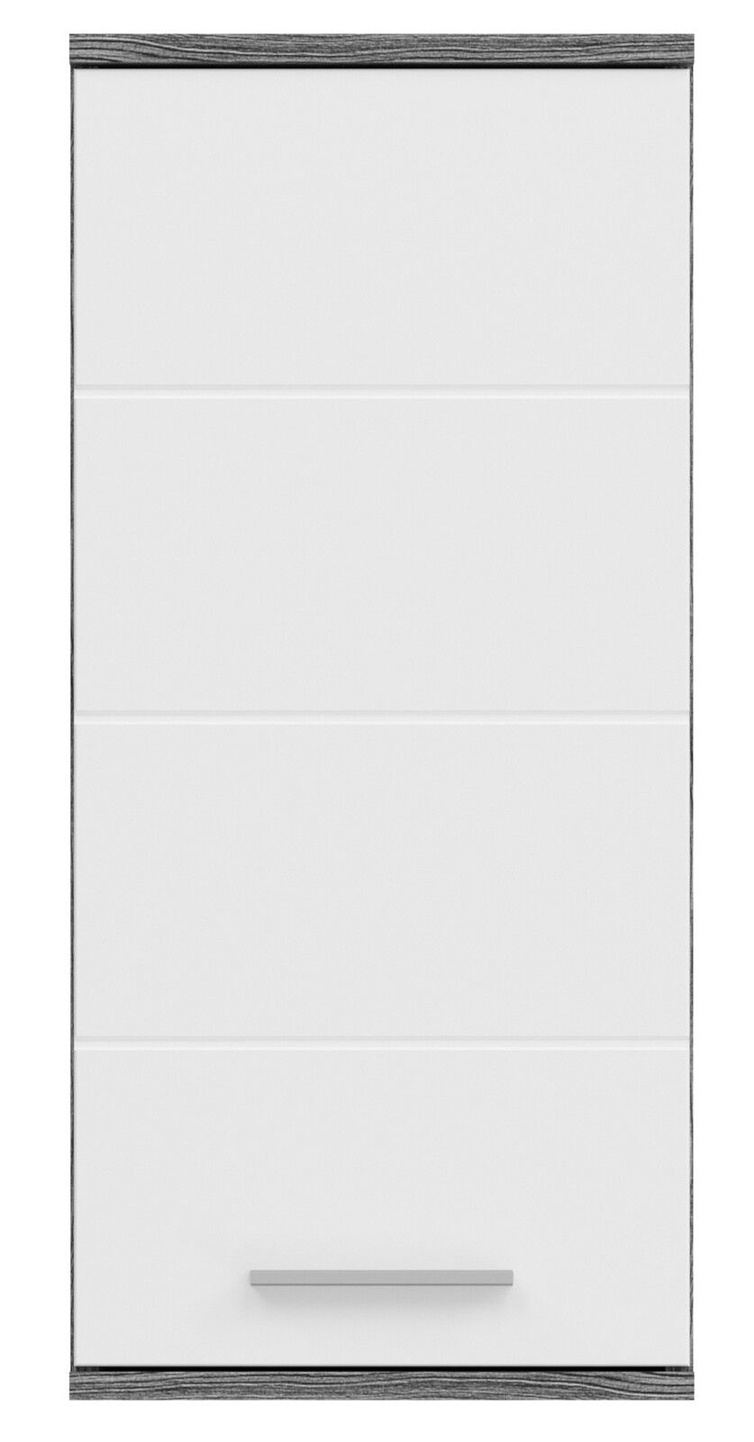 Frontansicht eines weißen Badschranks mit grauen Akzenten und einem silbernen Griff.