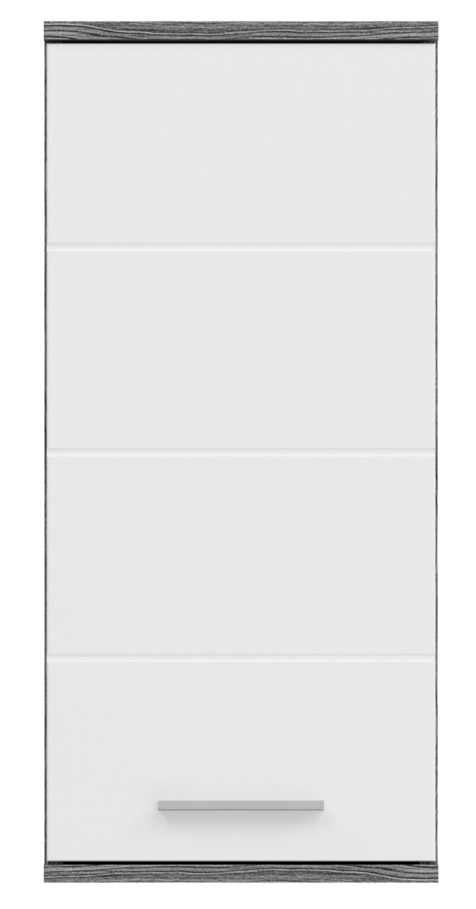 Frontansicht eines weißen Badschranks mit grauen Akzenten und einem silbernen Griff.