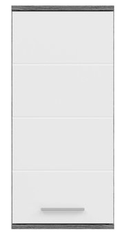 Frontansicht eines weißen Badschranks mit grauen Akzenten und einem silbernen Griff.