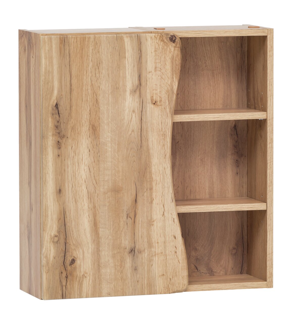 Hängeschrank aus Holz mit zwei offenen Regalfächern, seitliche Perspektive