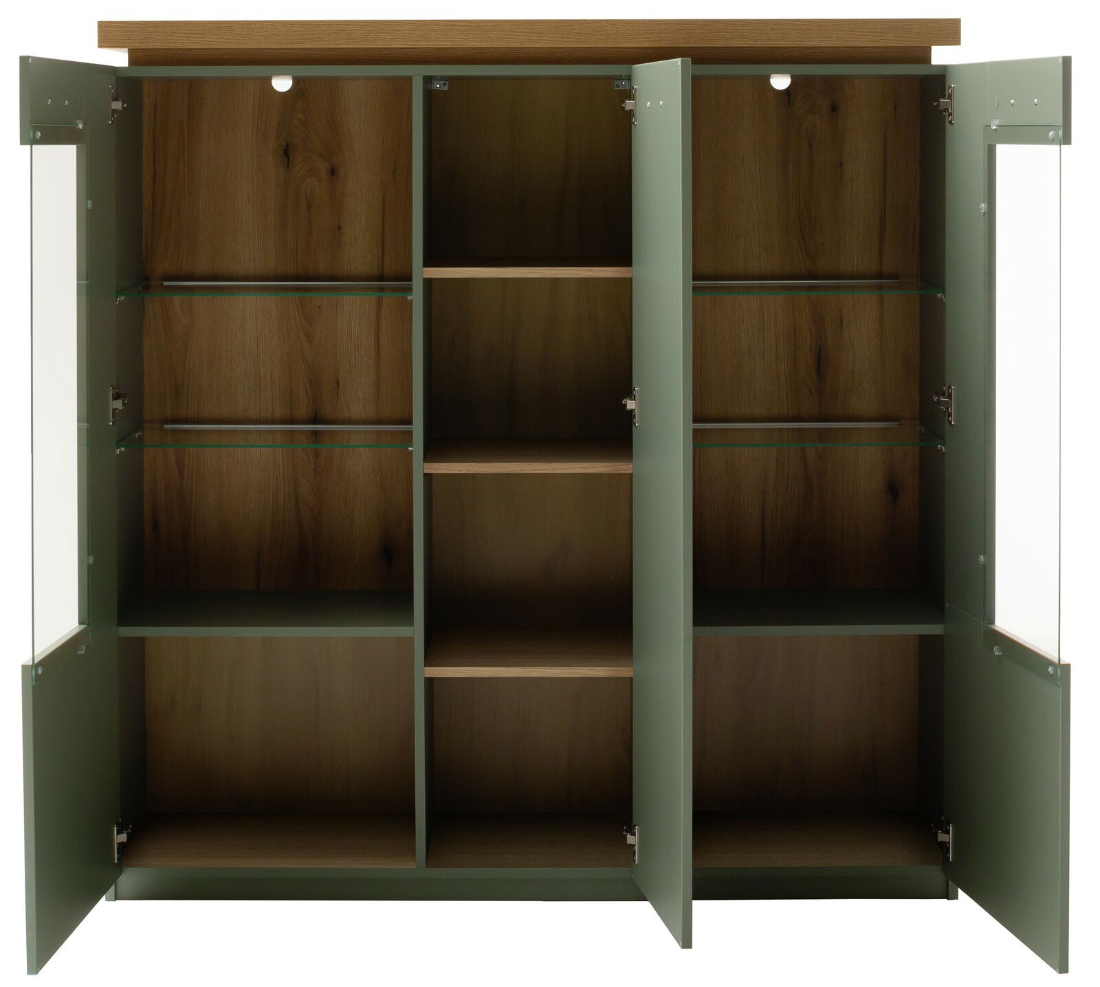 Offenes Highboard mit mehreren Fächern und Glastüren, aus Holz und Glas, in Frontalansicht.