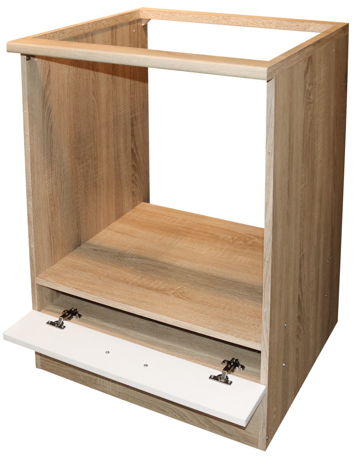 Hoge keukenkast van hout in eikenlook met open voorkant, met onderaan een open lade.