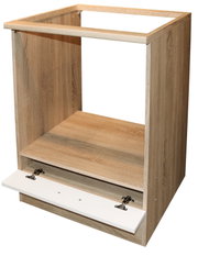 Hoge keukenkast van hout in eikenlook met open voorkant, met onderaan een open lade.