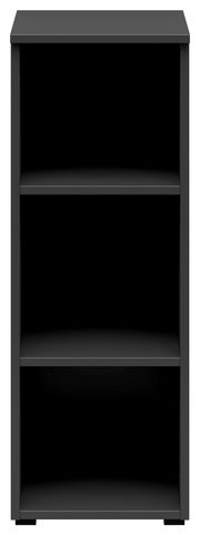 Schwarzes Regal mit drei offenen Fächern, frontale Ansicht