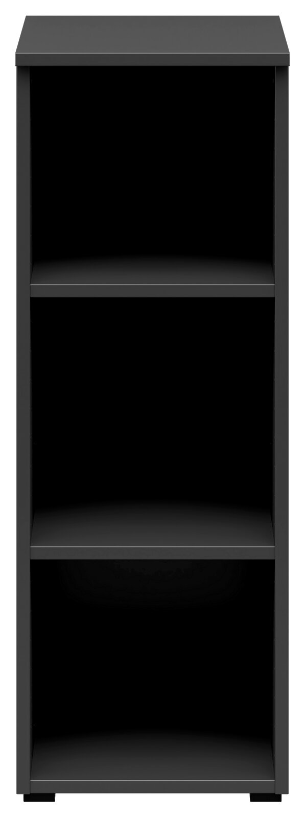 Schwarzes Regal mit drei offenen Fächern, frontale Ansicht