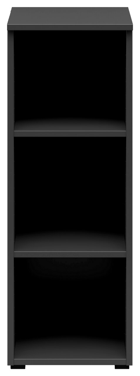 Schwarzes Regal mit drei offenen Fächern, frontale Ansicht