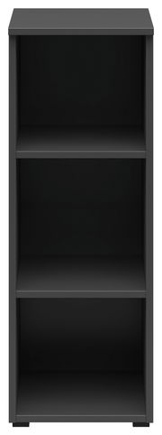 Schwarzes Regal mit drei offenen Fächern, frontale Ansicht