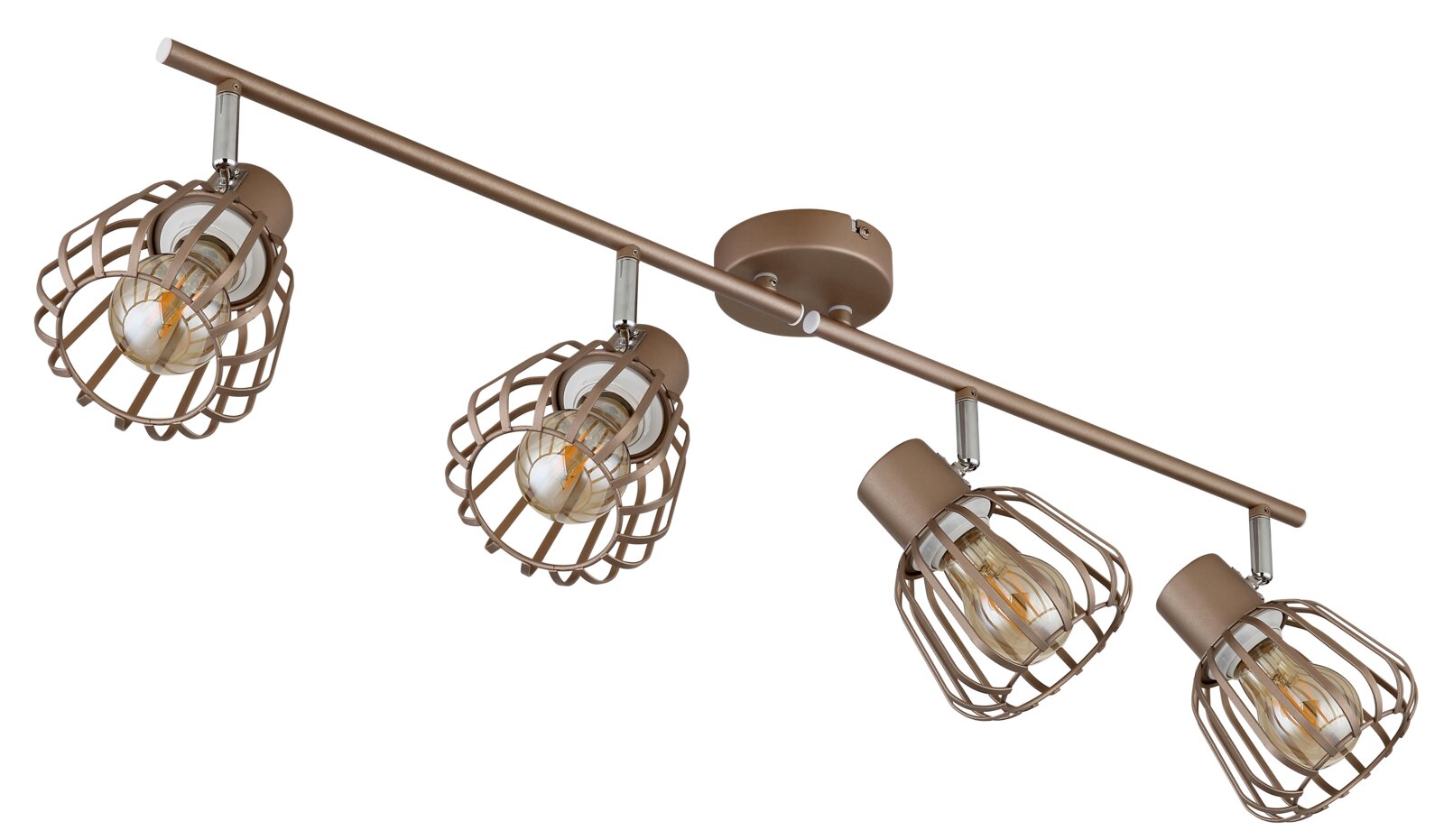 4-flammige Decken-Spotleiste aus Metall in Bronze mit Drahtgitter-Lampenschirmen und sichtbaren Filament-Leuchtmitteln, schräg von unten in Perspektive dargestellt