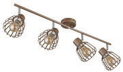 4-flammige Decken-Spotleiste aus Metall in Bronze mit Drahtgitter-Lampenschirmen und sichtbaren Filament-Leuchtmitteln, schräg von unten in Perspektive dargestellt