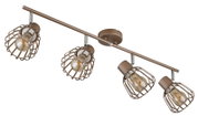4-flammige Decken-Spotleiste aus Metall in Bronze mit Drahtgitter-Lampenschirmen und sichtbaren Filament-Leuchtmitteln, schräg von unten in Perspektive dargestellt
