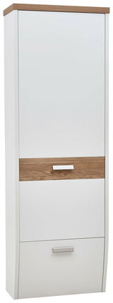Moderner Hängegarderobenschrank in Weiß mit Holzdetails, Frontalansicht