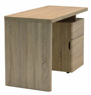 Moderner Schreibtisch aus Holz mit zwei Schubladen, seitliche Perspektive