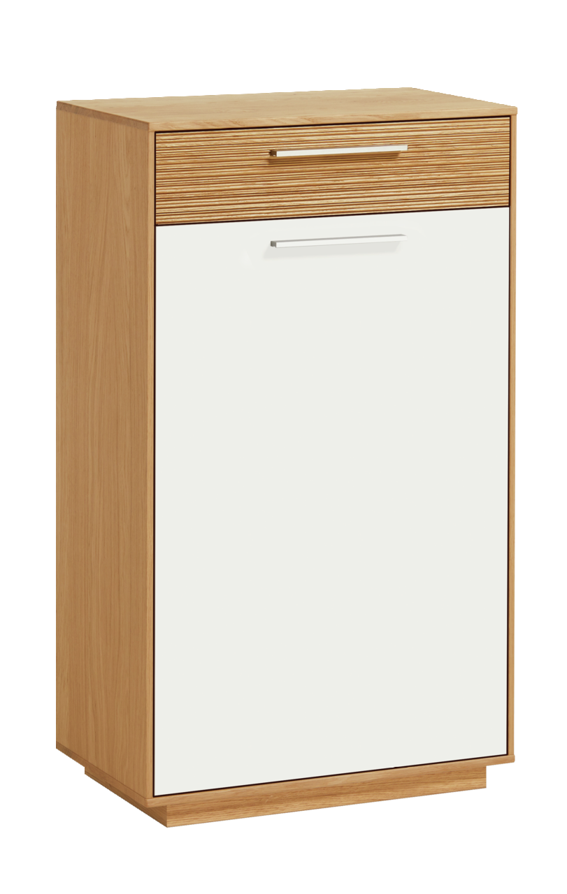 Schuhkommode aus Holz mit einer weißen Front und zwei Griffen, seitliche Perspektive