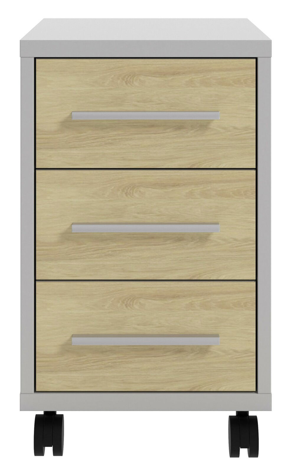 Rollcontainer mit drei Schubladen in Holzoptik, frontal betrachtet, auf Rollen.