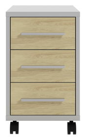 Rollcontainer mit drei Schubladen in Holzoptik, frontal betrachtet, auf Rollen.