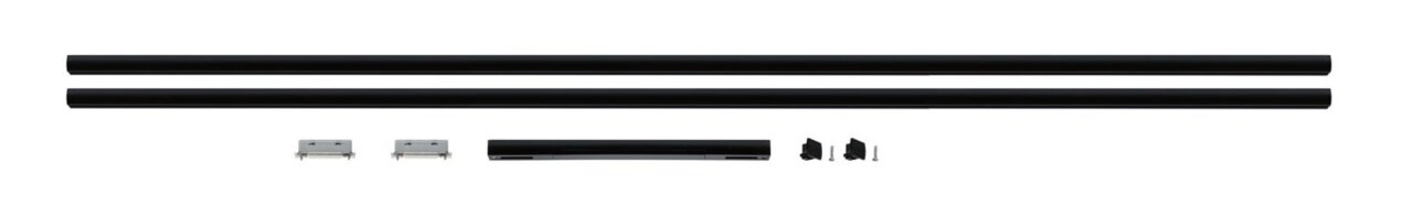 PAULMANN Starter Set URAIL Zwei schwarze Stangen und mehrere kleine Befestigungsteile, Ansicht von oben.