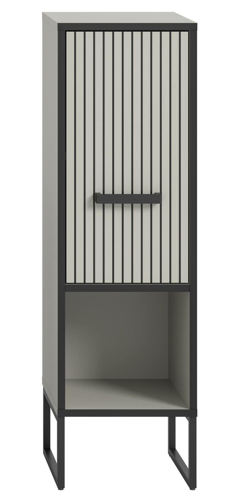 Moderner Standschrank mit vertikalen Streifen auf der Tür, grauer Korpus und schwarzer Rahmen, frontale Ansicht.