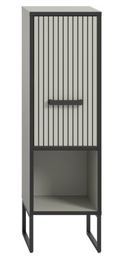 Moderner Standschrank mit vertikalen Streifen auf der Tür, grauer Korpus und schwarzer Rahmen, frontale Ansicht.