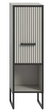 Moderner Standschrank mit vertikalen Streifen auf der Tür, grauer Korpus und schwarzer Rahmen, frontale Ansicht.