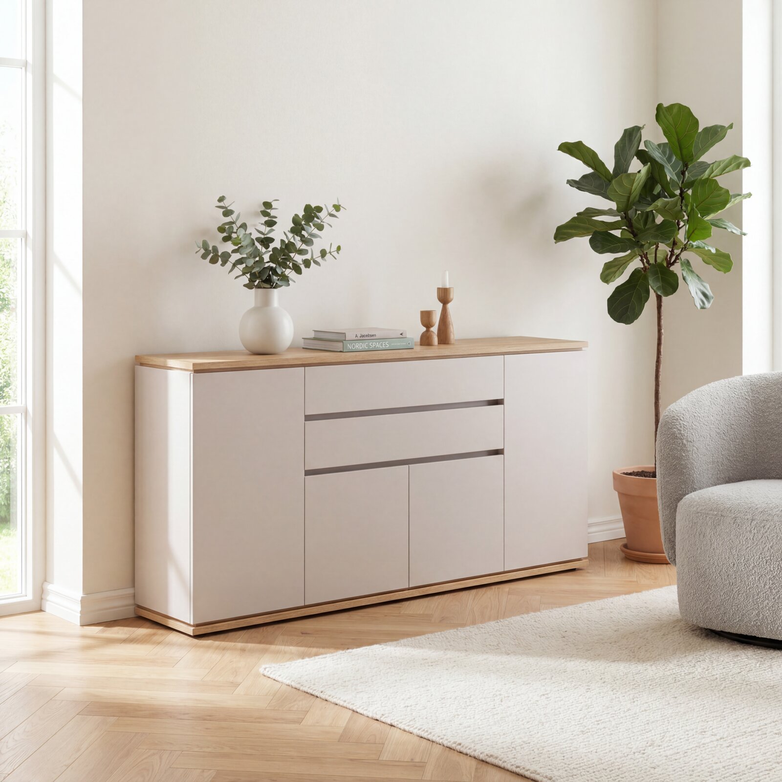 XORA Sideboard YAMAEL Modernes Sideboard in Weiß mit heller Holzplatte und Schubladen, dekoriert mit Vase, Büchern und Kerzenhaltern, im hellen Wohnzimmer neben großer Zimmerpflanze; Perspektive: frontale Ansicht leicht von links
