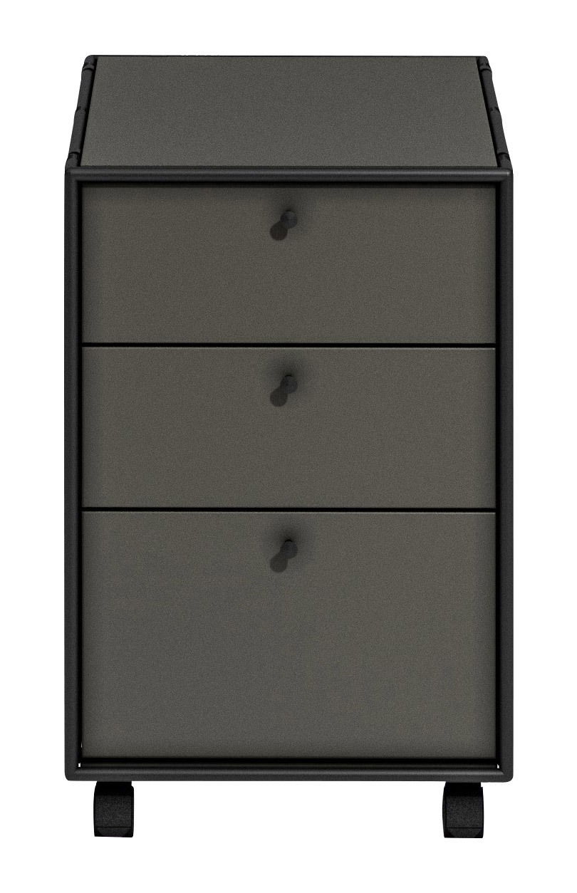 Rollcontainer mit drei Schubladen, frontal betrachtet, in dunklem Grau mit schwarzen Griffen und Rollen.