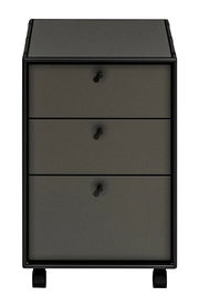 Rollcontainer mit drei Schubladen, frontal betrachtet, in dunklem Grau mit schwarzen Griffen und Rollen.