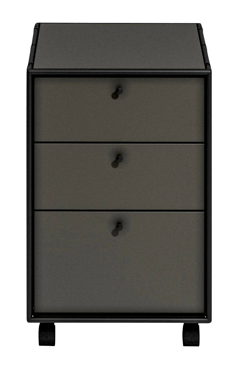 Rollcontainer mit drei Schubladen, frontal betrachtet, in dunklem Grau mit schwarzen Griffen und Rollen.