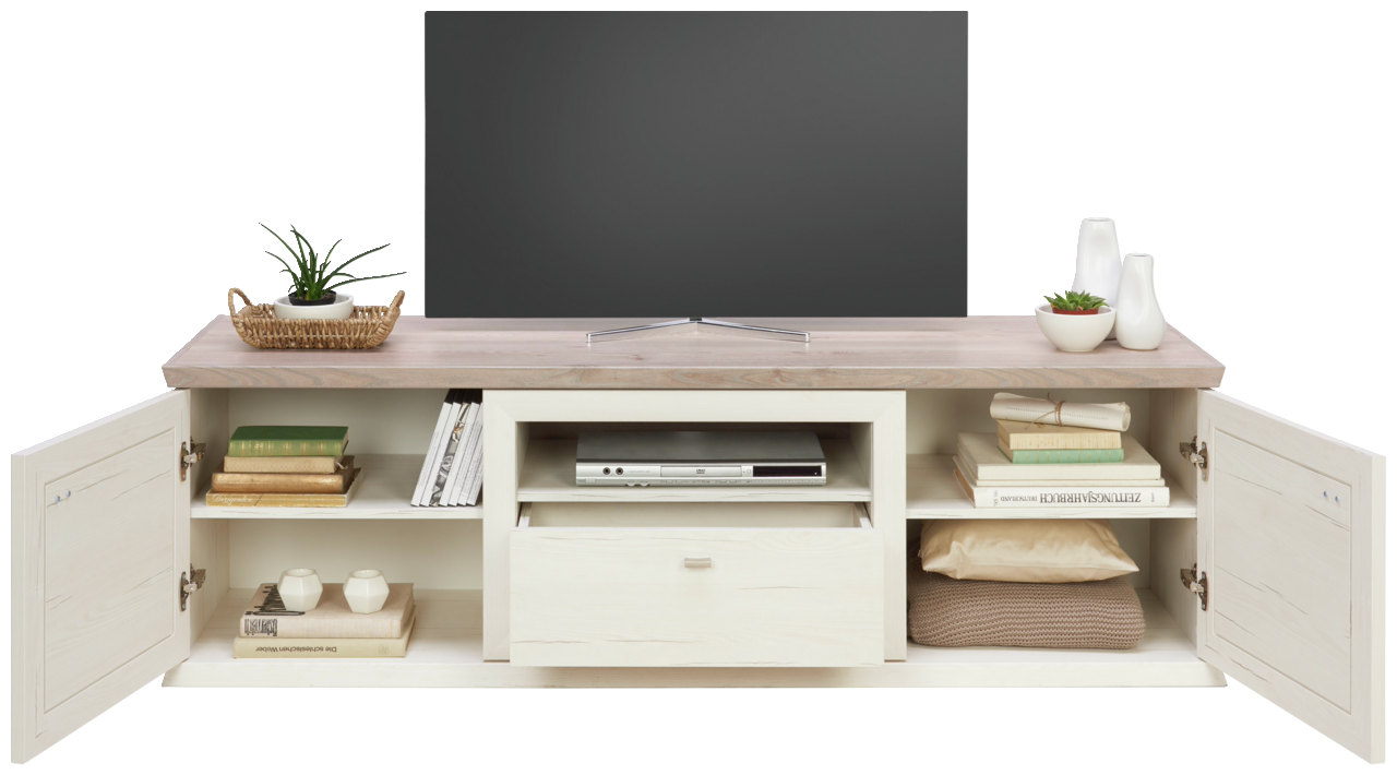 Frontale Ansicht eines TV-Lowboards der Serie Camron/Benton mit offenem Stauraum, dekoriert mit Büchern, Pflanzen und Vasen.