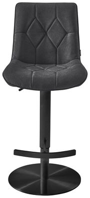 Moderner Barhocker in schwarzem Stoff mit gesteppter Rückenlehne und runder Metallbasis, Frontalansicht