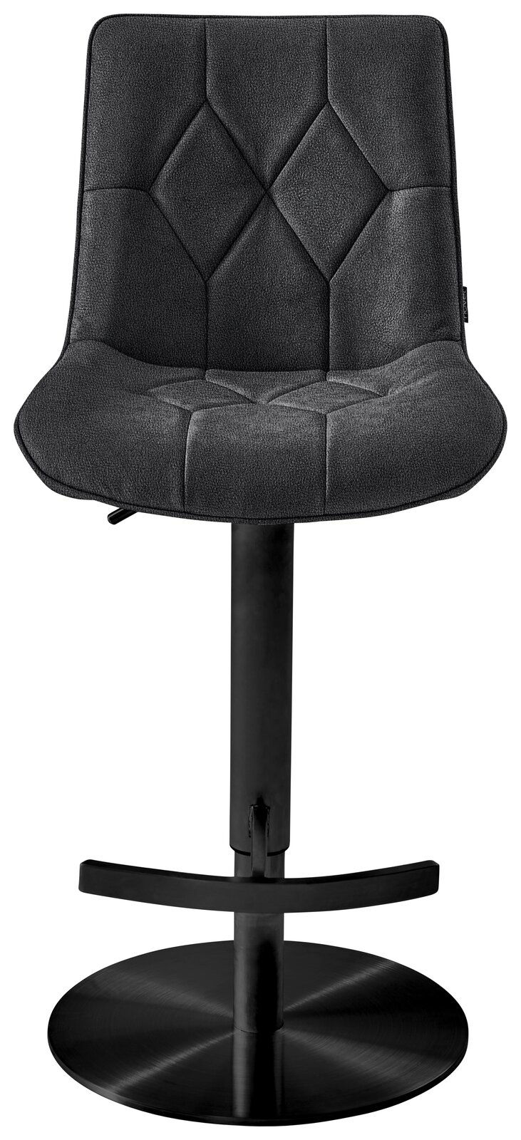 Moderner Barhocker in schwarzem Stoff mit gesteppter Rückenlehne und runder Metallbasis, Frontalansicht