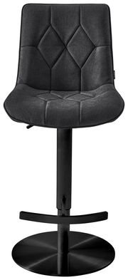 Moderner Barhocker in schwarzem Stoff mit gesteppter Rückenlehne und runder Metallbasis, Frontalansicht