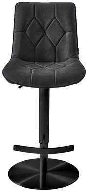 Moderner Barhocker in schwarzem Stoff mit gesteppter Rückenlehne und runder Metallbasis, Frontalansicht