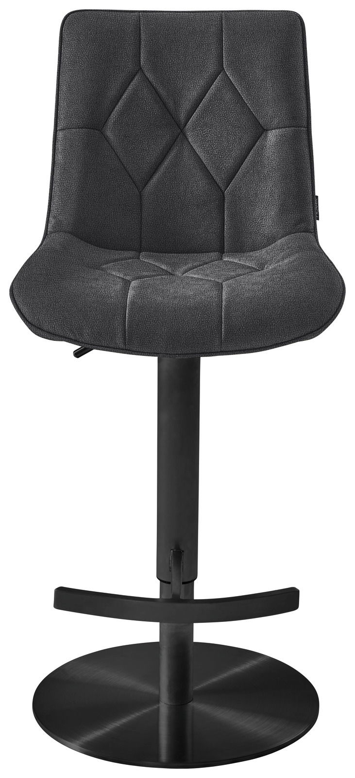 Moderner Barhocker in schwarzem Stoff mit gesteppter Rückenlehne und runder Metallbasis, Frontalansicht