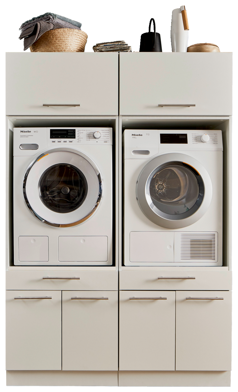 XORA Hauswirtschaftsraum-Kombi PRIMUS Frontansicht einer Hauswirtschaftsraum-Kombination mit Waschmaschine und Trockner, umgeben von Schränken und Ablagefläche oben.