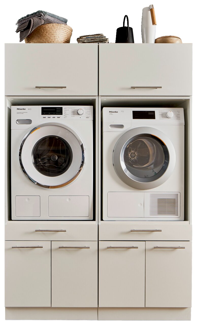 XORA Hauswirtschaftsraum-Kombi PRIMUS Frontansicht einer Hauswirtschaftsraum-Kombination mit Waschmaschine und Trockner, umgeben von Schränken und Ablagefläche oben.