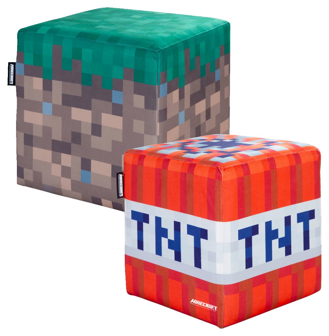 Zwei Minecraft Sitzwürfel/Hocker im Pixel-Design (Grasblock und TNT-Block) vor weißem Hintergrund, Perspektive: leicht von vorne oben (3/4-Ansicht).