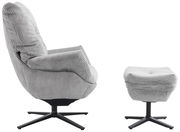 Seitenansicht eines grauen Relaxsessels mit Hocker, beide mit geripptem Stoffbezug und schwarzem Drehfuß.