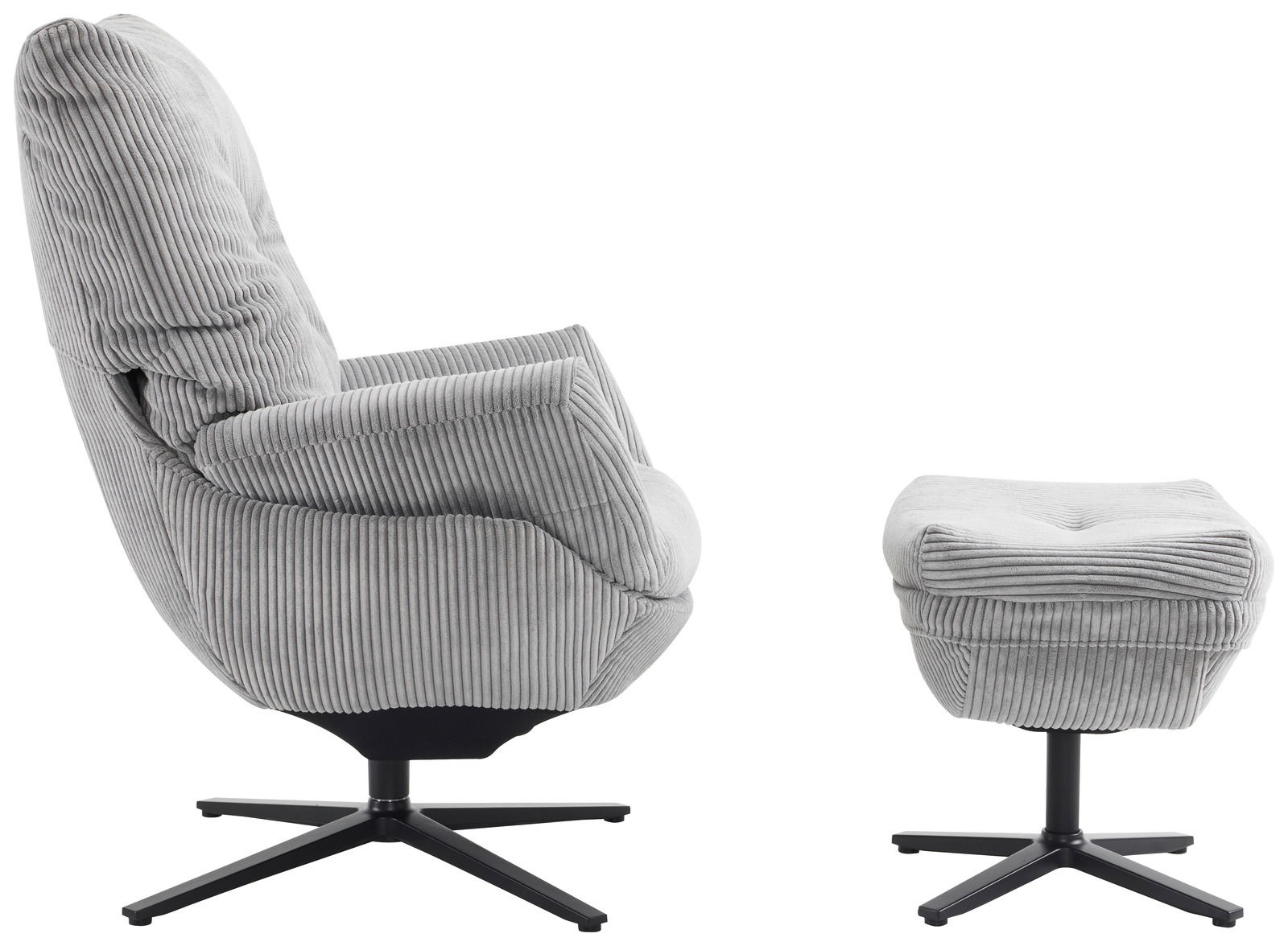 Seitenansicht eines grauen Relaxsessels mit Hocker, beide mit geripptem Stoffbezug und schwarzem Drehfuß.